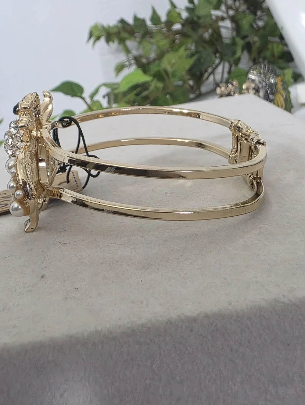 Gold Bumble Bee Pearl & Rhinestone Hinge Bangle Bracelet